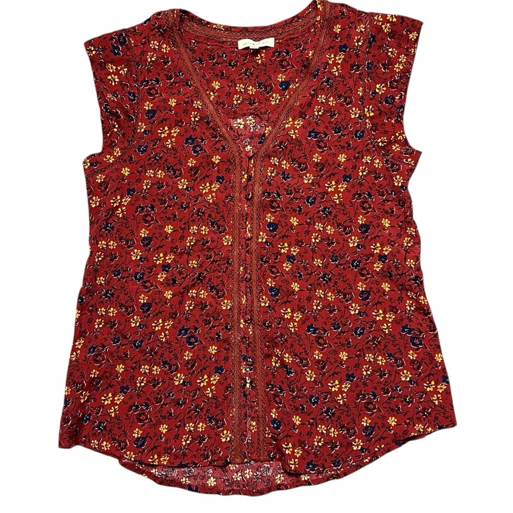 Anthropologie Current Air Sleeveless Red Floral V‑Neck Top Lace Button Front XS